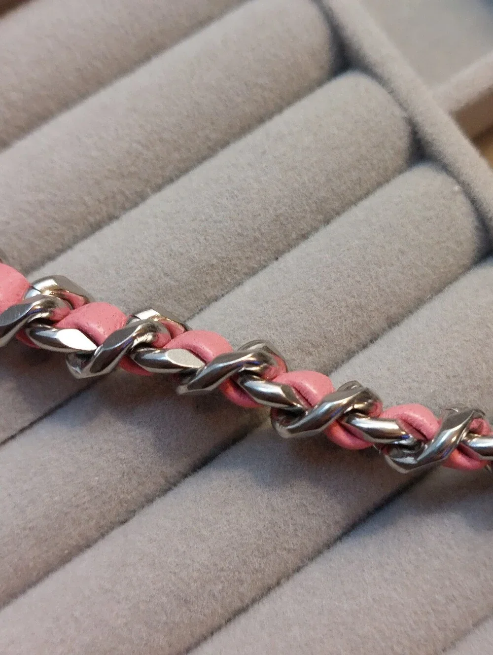 Stainless Steel Genuine Pink Leather Woven Chain Bracelet NEW